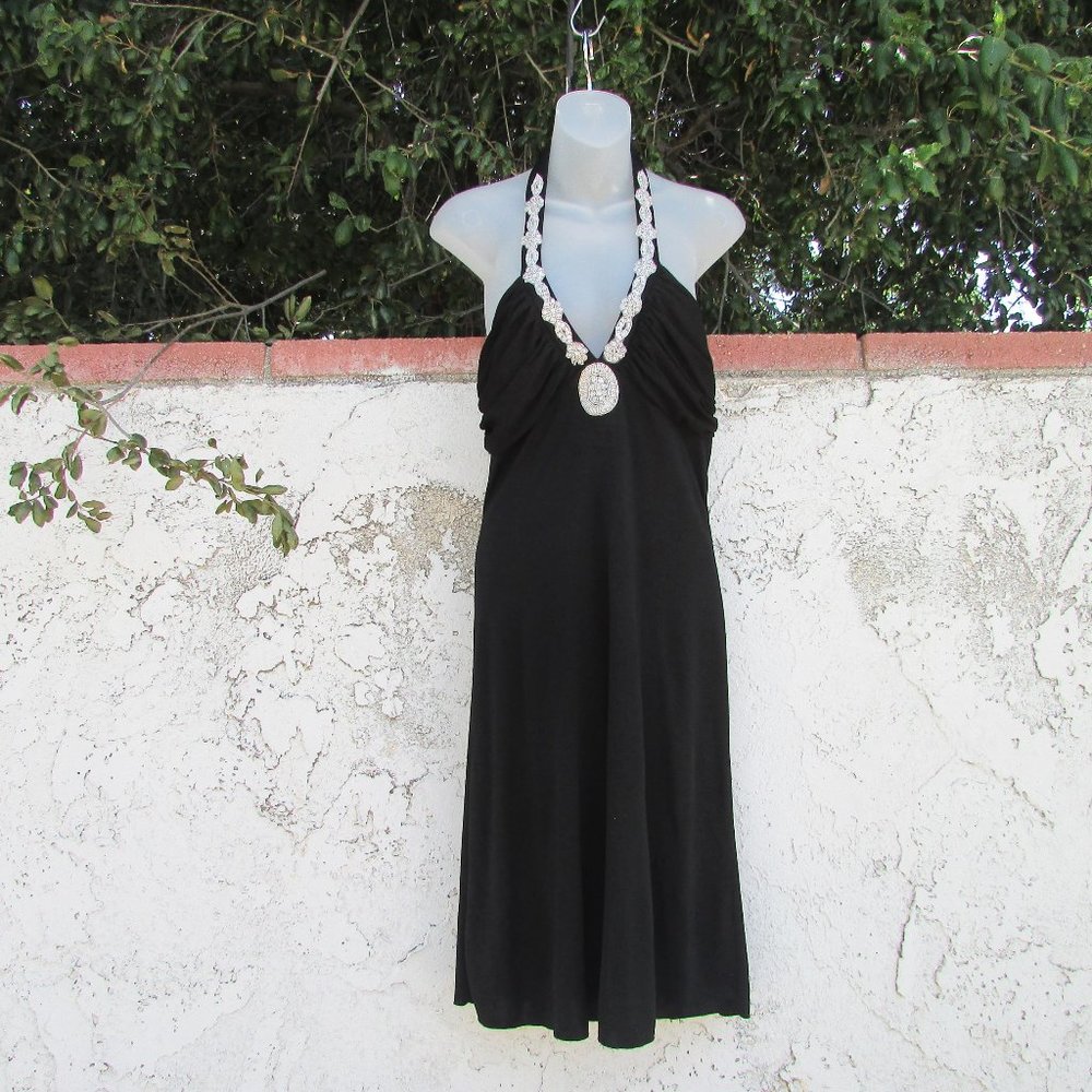 CDC black stretch poly jewel neck halter dress L